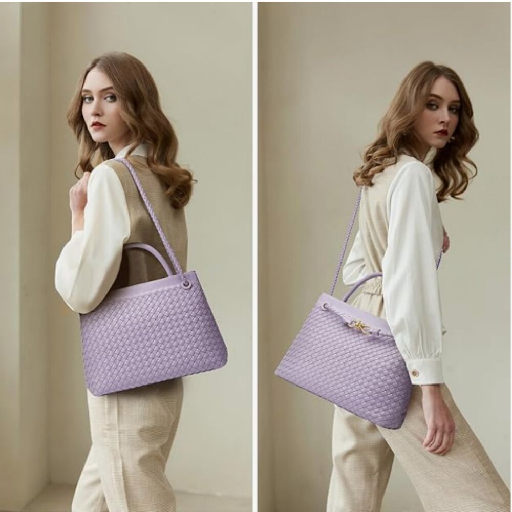 Sumrains - Woven Vegan Leather Purple Buckle Shoulder Bag Crossbody Tote